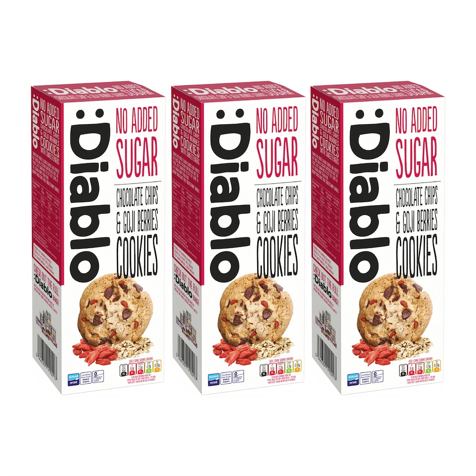image 1 of Diablo No Added Sugar Chocolate Chip and Goji Berry Cookies 135g 3 Pack