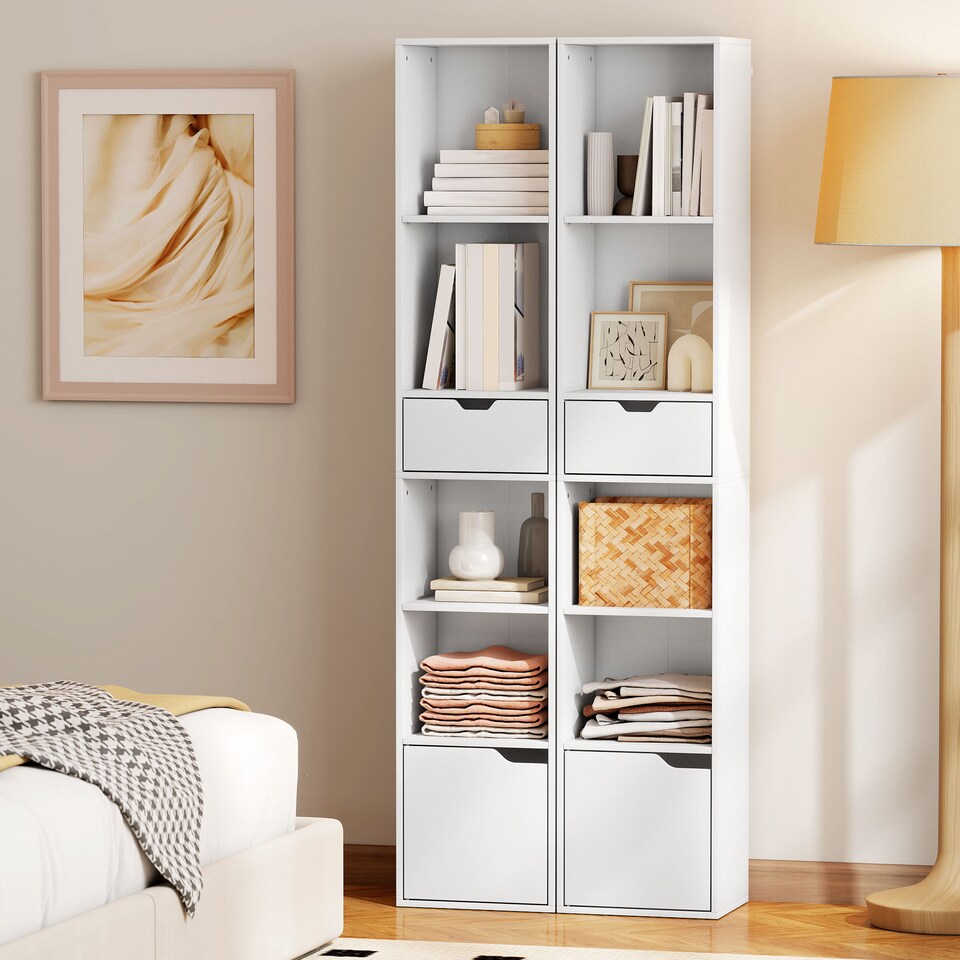 image 1 of HOMCOM 6-Tier Bookcase, Tall Narrow Bookshelf with Drawer, Door, Adjustable Shelf, Modern Display Standing Shelving Unit for Living Room, Home Office, Bedroom, 30 x 24 x 158 cm, White | White | White