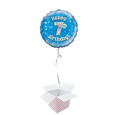 Blue Happy 7th Birthday Holographic Round Foil Helium Balloon - Inflated Balloon in a Box