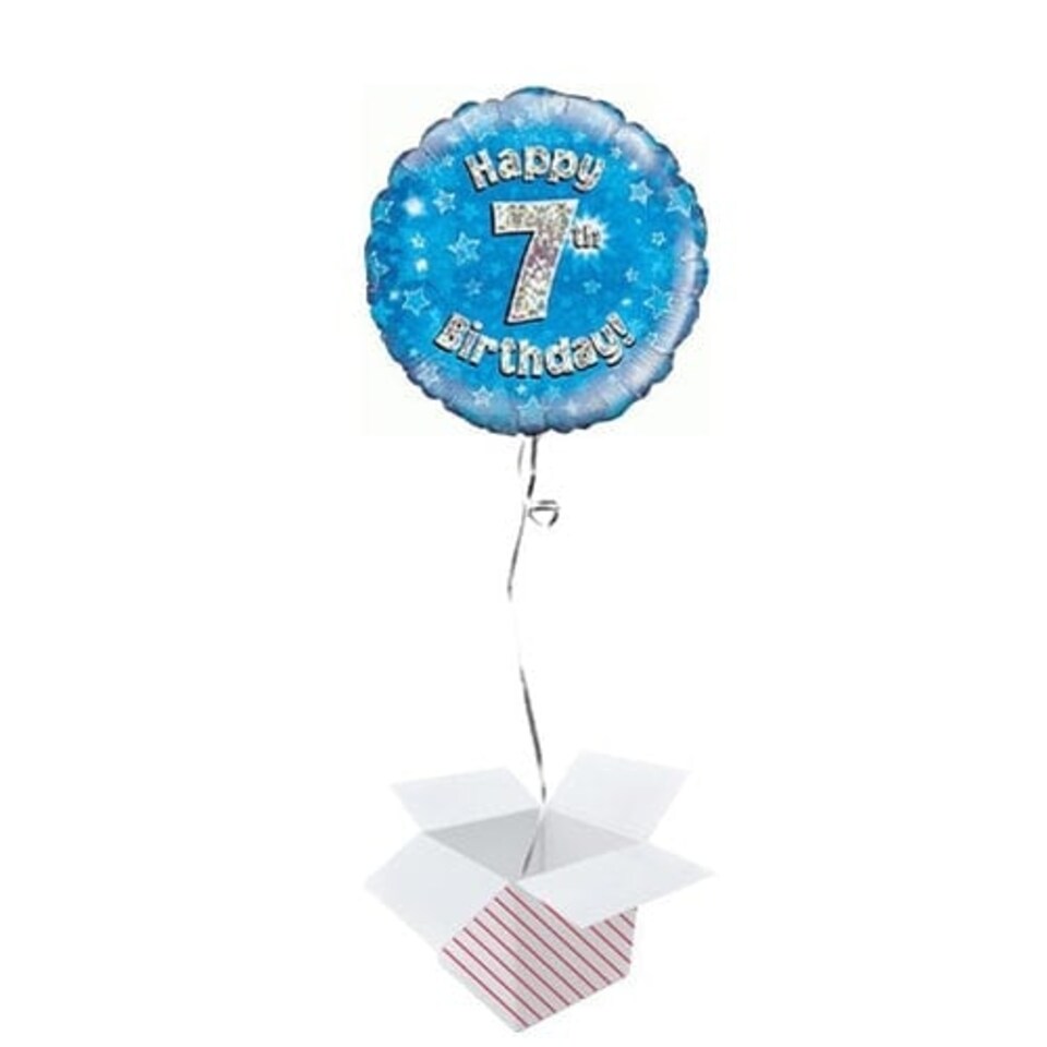 Blue Happy 7th Birthday Holographic Round Foil Helium Balloon - Inflated Balloon in a Box