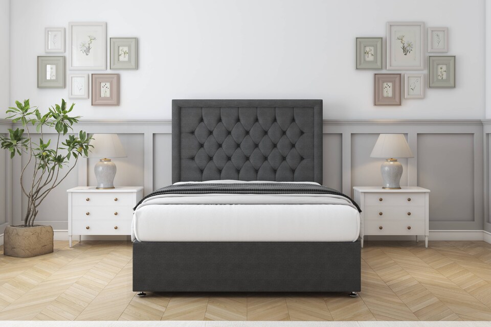 image 1 of Sloomy Montana Graphite Dumfries Divan Bed With Mattress 2 Drawers Footend With 26" Strutted Headboard 4' Small Double | Grey | Graphite | Small Double | 1