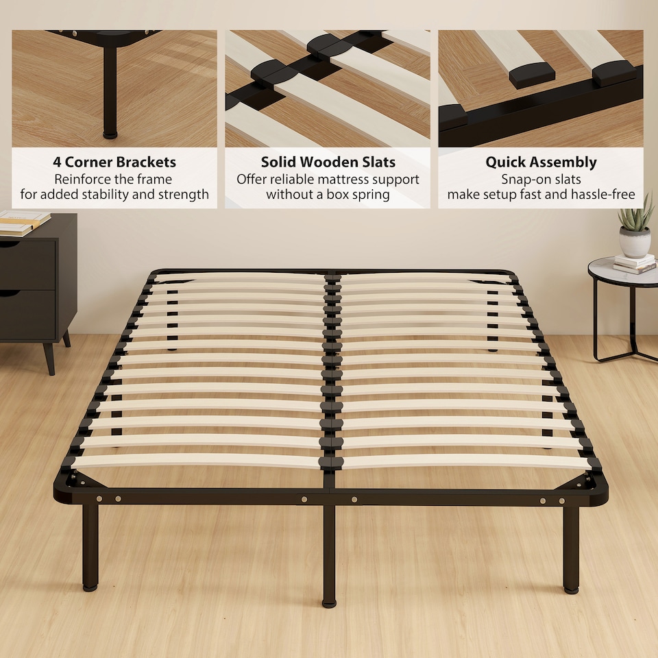image 1 of HOMCOM 4ft6 Double Bed Frame, Metal Platform Bed Frame with 28 Wood Slats