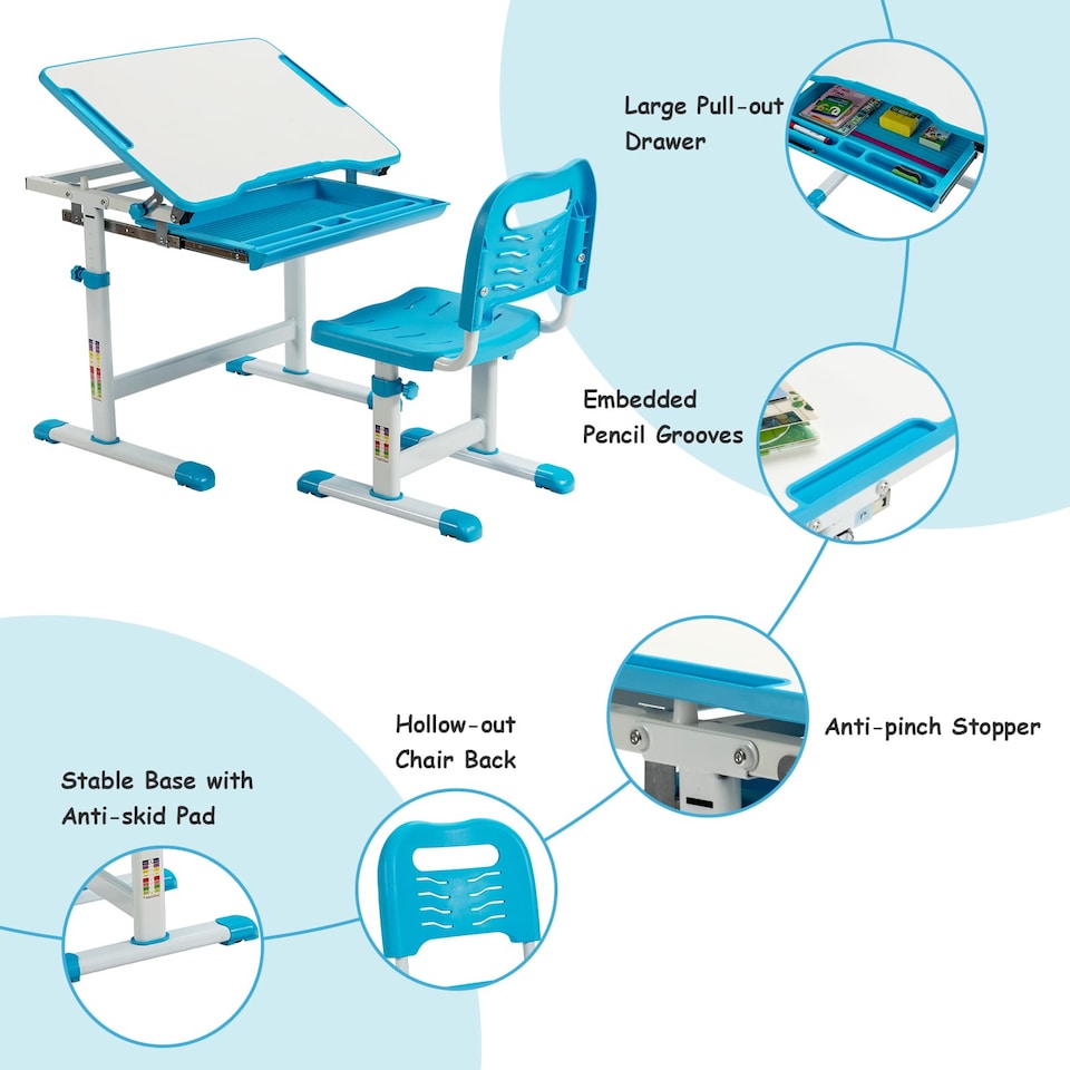 image 1 of COSTWAY Height Adjustable Kids Study Table and Chair Set with Tilting Tabletop-Blue