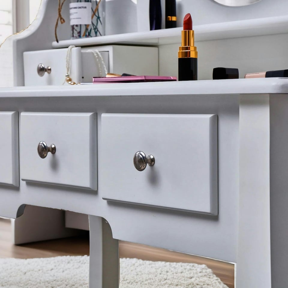 image 1 of 5 Drawer White Dressing Table With Round Mirror And Stool White