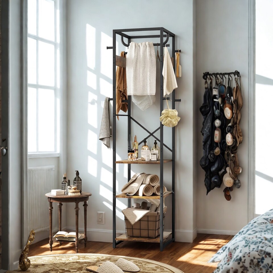 image 1 of Industrial Entryway Hall Tree Coat Rack Stand With Shoe Storage and Hooks