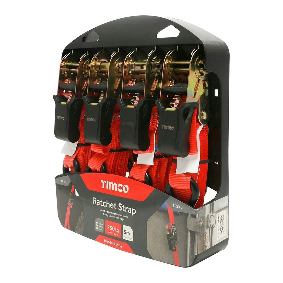 image 1 of Timco - Ratchet Straps - S Hook - Standard Duty (Size 5m x 25mm - 4 Pieces)