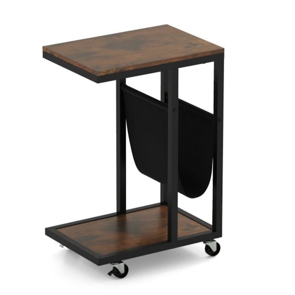 image 1 of COSTWAY C-shaped Side Table on Wheels with Storage Pouch Brown