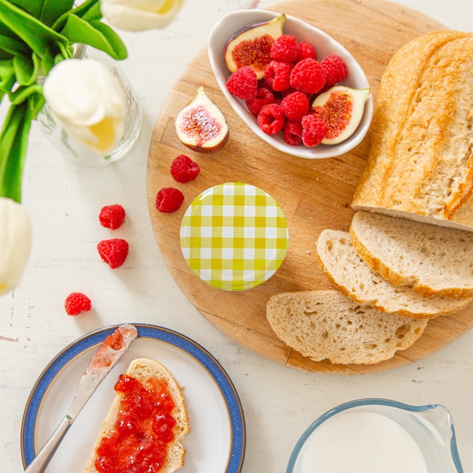 image 1 of Argon Tableware Glass Jam Jars with Yellow Gingham Lids - 150ml - Pack of 6