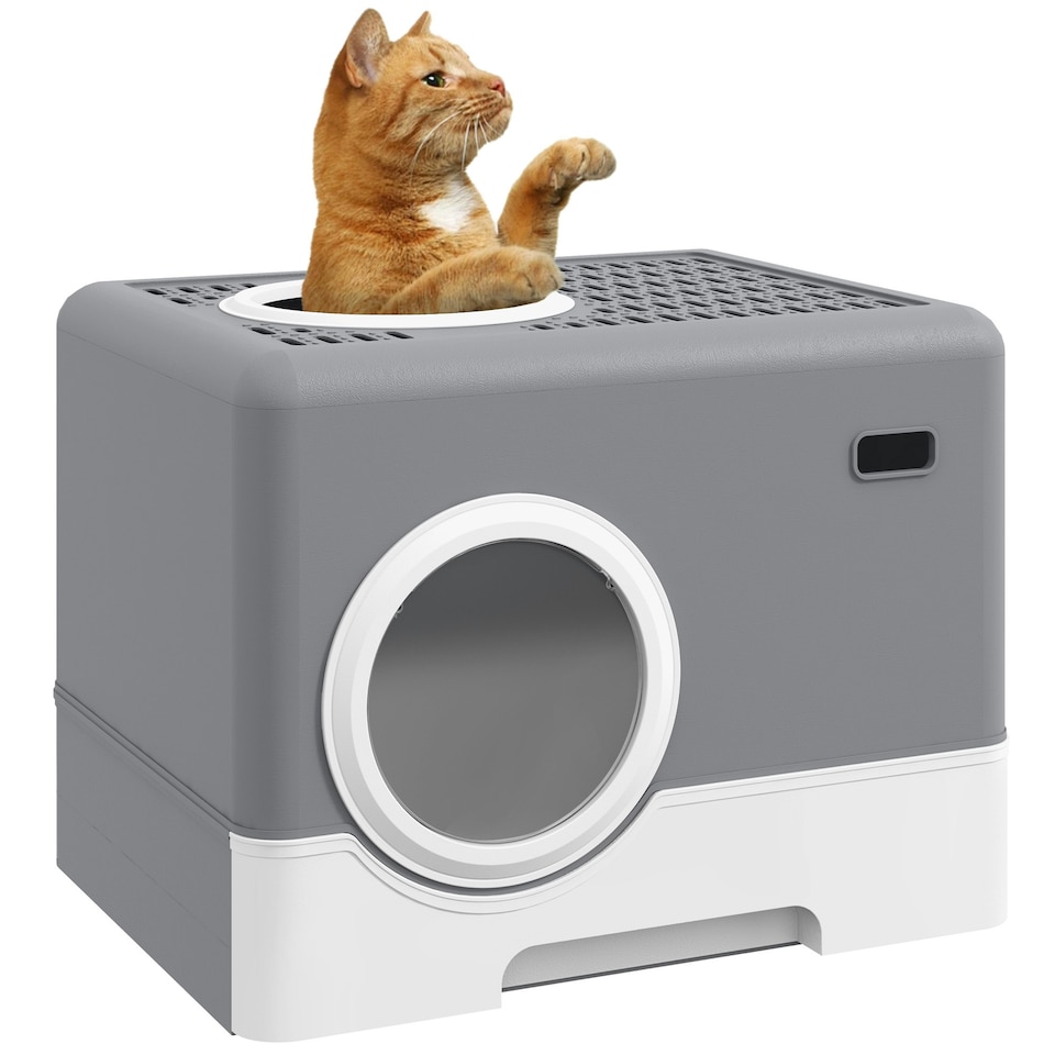 image 1 of PawHut Enclosed Cat Litter Tray with Lid, Front Entry, Top Exit, Scoop - Grey