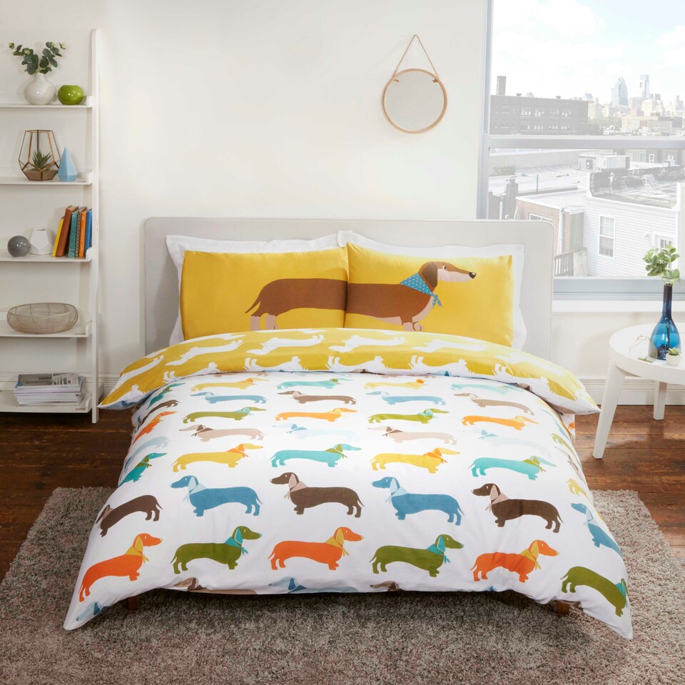 image 1 of Sausage Dog Polycotton Reversible Duvet Cover Set with Pillowcase Multi | King