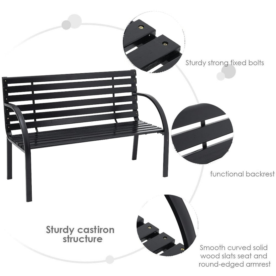 image 1 of Living and Home Outdoor Garden Metal Wood Bench with Backrest - Black
