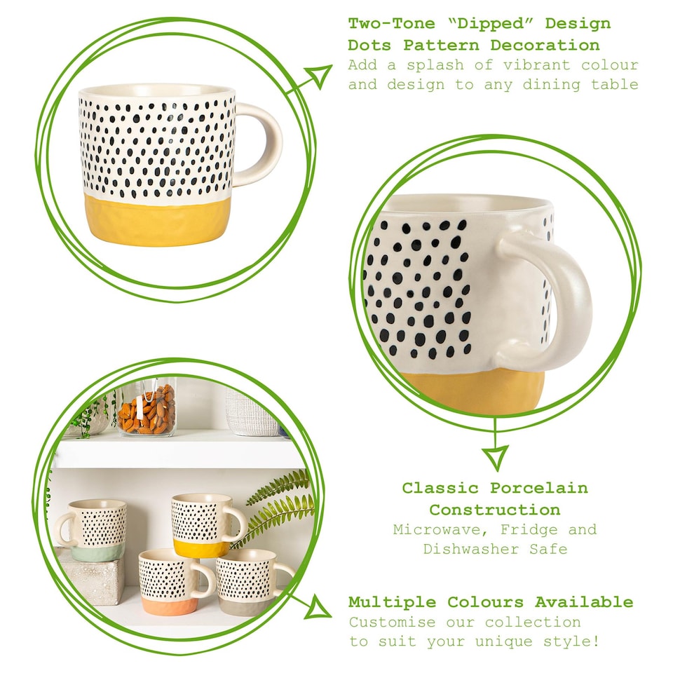 image 1 of Nicola Spring Ceramic Dipped Dots Coffee Mugs - 385ml - Mustard - Pack of 6 | Yellow | Mustard