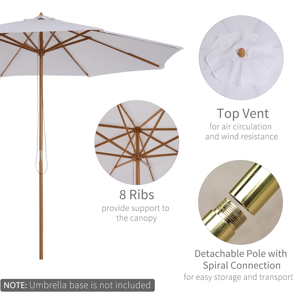image 1 of Outsunny 3m Garden Parasol, Pulley Operated Patio Umbrella, Wooden Parasol, Table Market Umbrella with Rope Pulley Mechanism and 8 Ribs, White