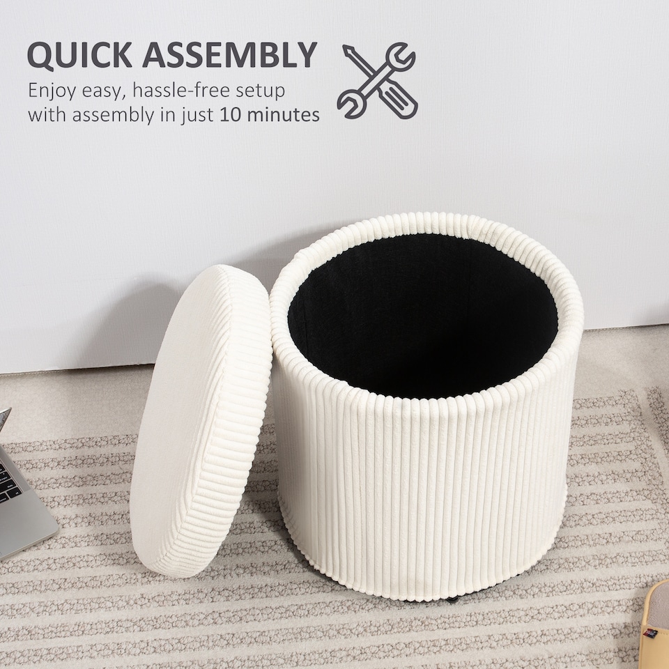 image 1 of HOMCOM 40cm Round Storage Ottoman, Corduroy Footstool with Removable Lid and Legs, Vanity Stool for Living Room, Bedroom, Beige | Brown