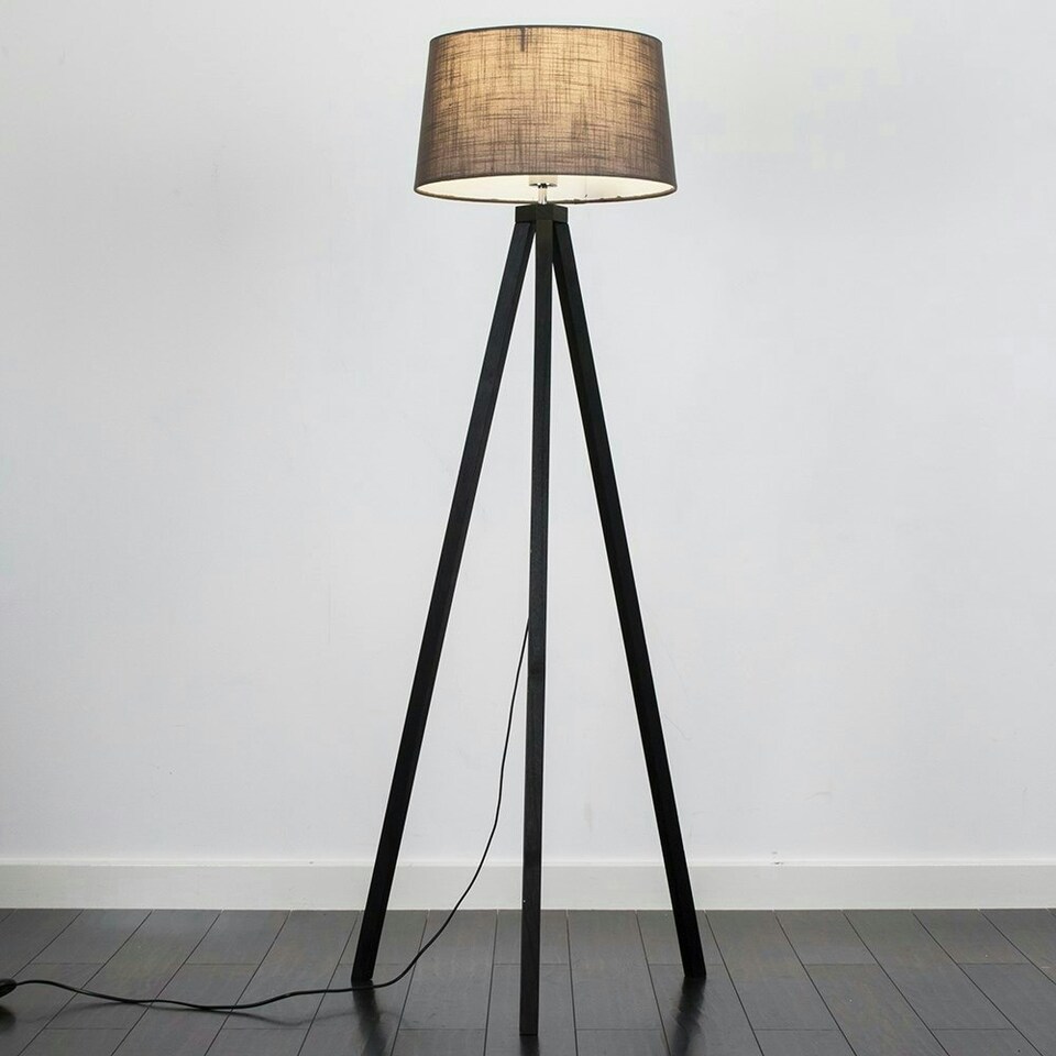 image 1 of ValueLights Modern Black Wood Tripod Floor Lamp With Grey Shade