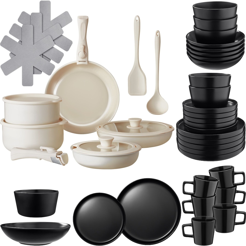 image 1 of Kitchen starter set for 6 people with crockery, pots and more | Black | black/white | 1