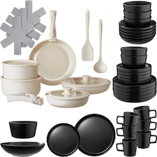 Kitchen starter set for 6 people with crockery, pots and more | Black | black/white | 1