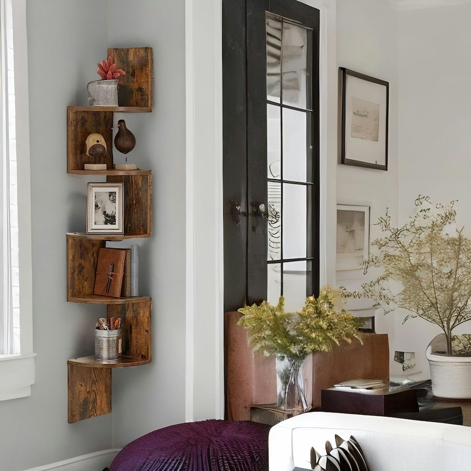 image 1 of 5 Tier Wall Mounted Floating Corner Shelf Rustic Brown Brown | One Size