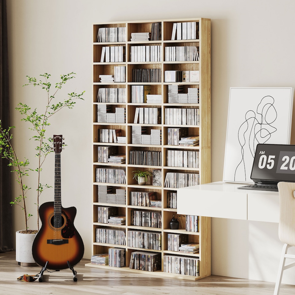 image 1 of HOMCOM 1116 CD/ 528 DVD Storage Unit, Media Storage Shelf, Wooden Display Unit with Adjustable Shelves, 102 x 195 cm, Oak Tone | White