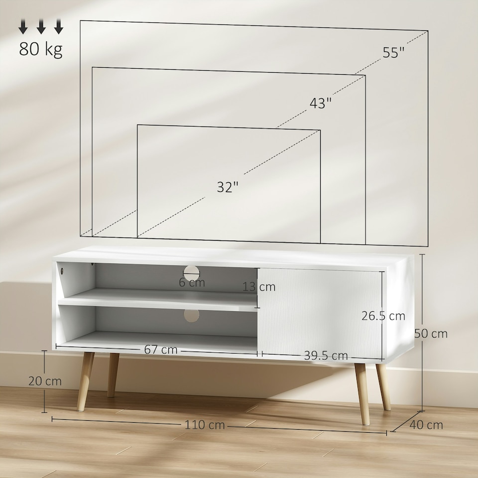 image 1 of HOMCOM TV Unit Cabinet for TVs up to 55Inches with Cupboard Shelves, White White