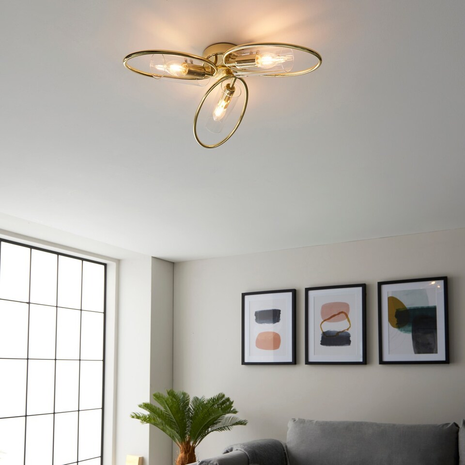 image 1 of Amari Multi Arm Glass Semi Flush Ceiling Lamp, Polished Brass Plate, Glass