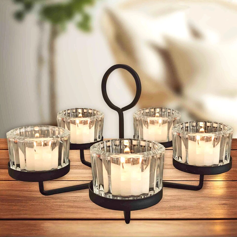 image 1 of 5-Arm Glass & Black Metal Tea Light Candle Holder Candelabra Wedding Centrepiece