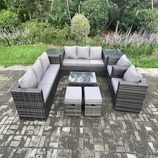 Fimous Outdoor Lounge Sofa Set Wicker PE Rattan Garden Furniture Set with 2 Armchairs Oblong Coffee Table 2 Side Tables 2 Small Footstools Dark Grey Mixed