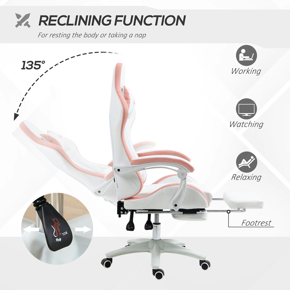 image 1 of Vinsetto Racing Style Gaming Chair with Reclining, Footrest, Pink