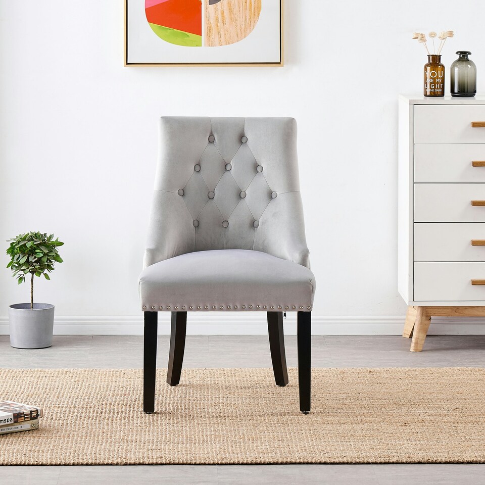 image 1 of Set of 2 Velvet Dining Chairs Ergonomic Scoop Knockerback & Button Tufted Wood Legs Grey | Light Grey