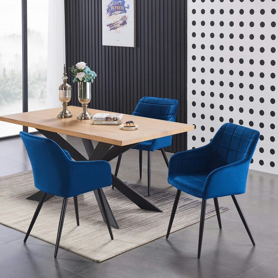 image 1 of Set of 2 Camden Modern Velvet Dining Chairs with Armrests, Quilted Design & Black Metal Legs Blue