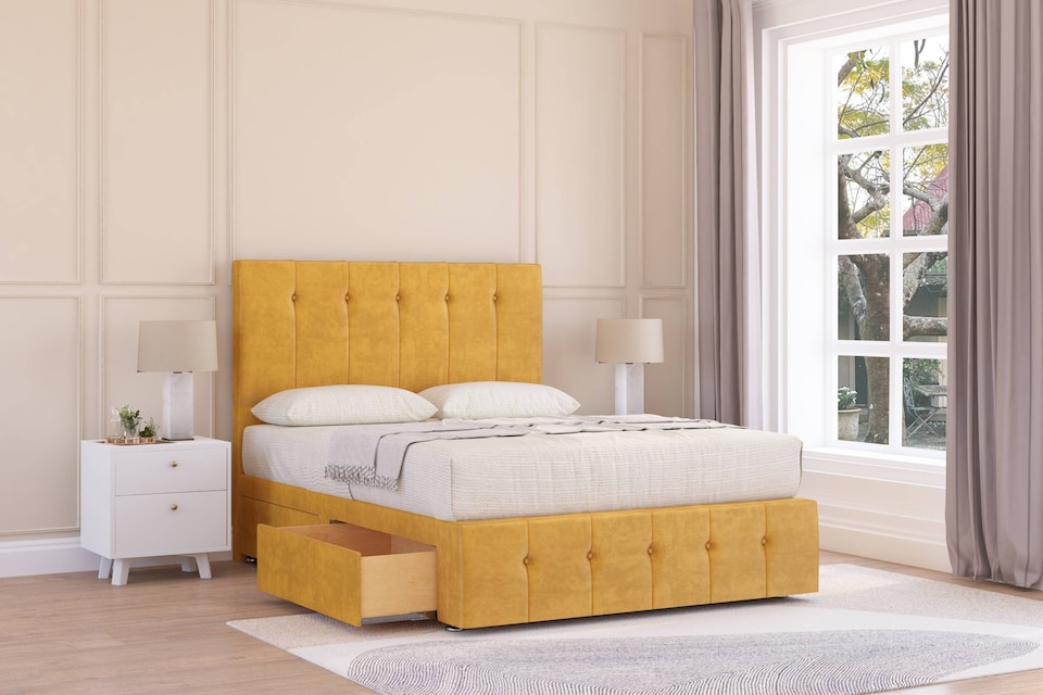 image 1 of Sloomy Cambridge Mustard Plush Divan Bed With Mattress 2 Drawers Left Side With 26" Strutted Headboard & 12" Matching Footboard 2'6 Small Single | Gold | Mustard | Small Single | 1