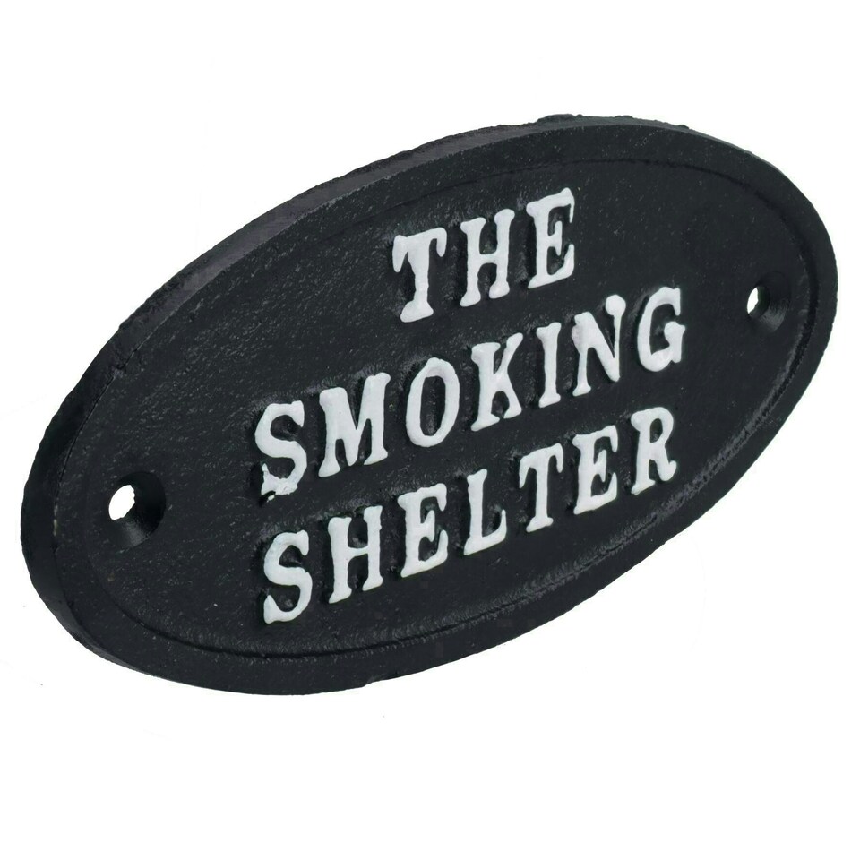 image 1 of The Smoking Shelter Cast Iron Sign Plaque Door Wall House Gate Post Pub Hotel
