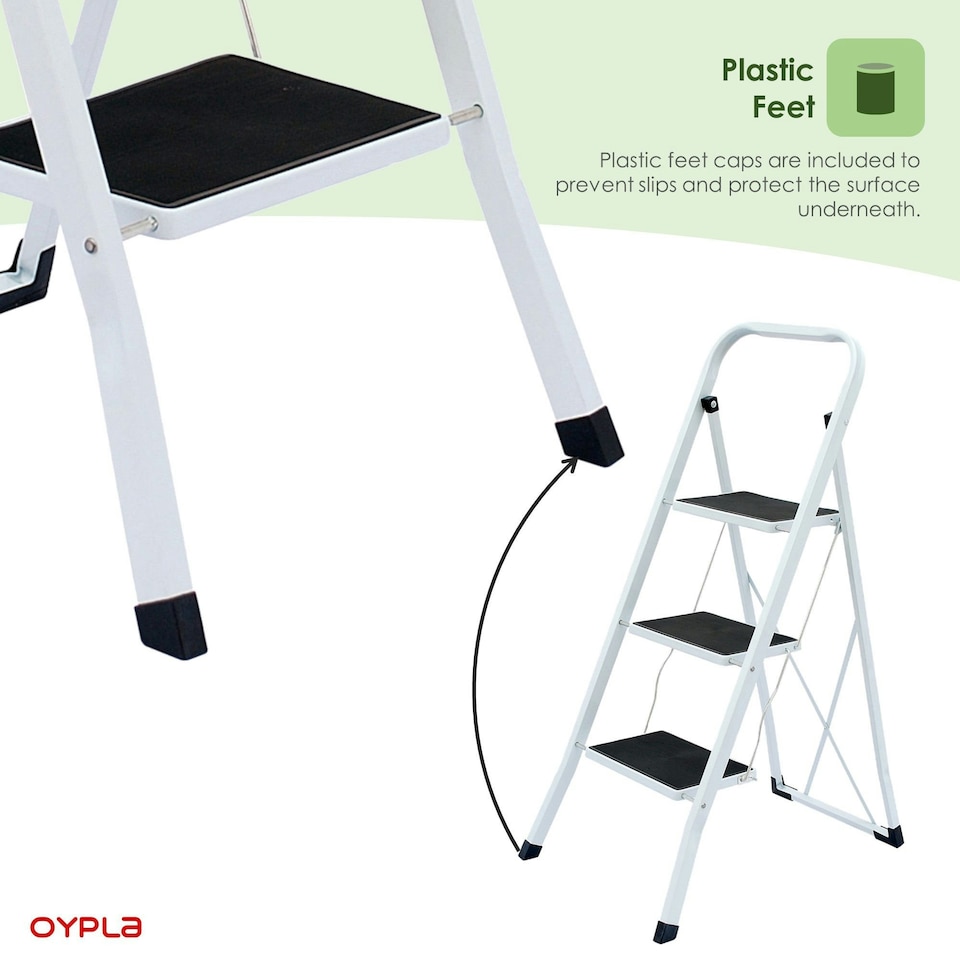 image 1 of Oypla Foldable 3 Step Ladder Stepladder Non Slip Tread Safety Steel White