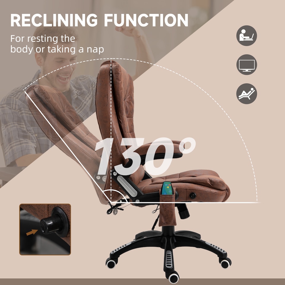 image 1 of Vinsetto Office Chair, Ergonomic Desk Chair with 6-Point Massage and Back Heated, Microfiber Cloth Computer Gaming Chair with Arms, Lumbar Support, Brown