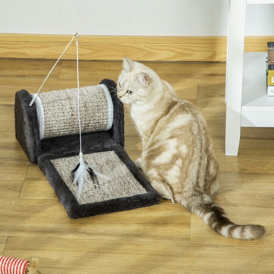 image 1 of PawHut Cat Scratcher Sisal Board with Roller Feather Toy, Grey