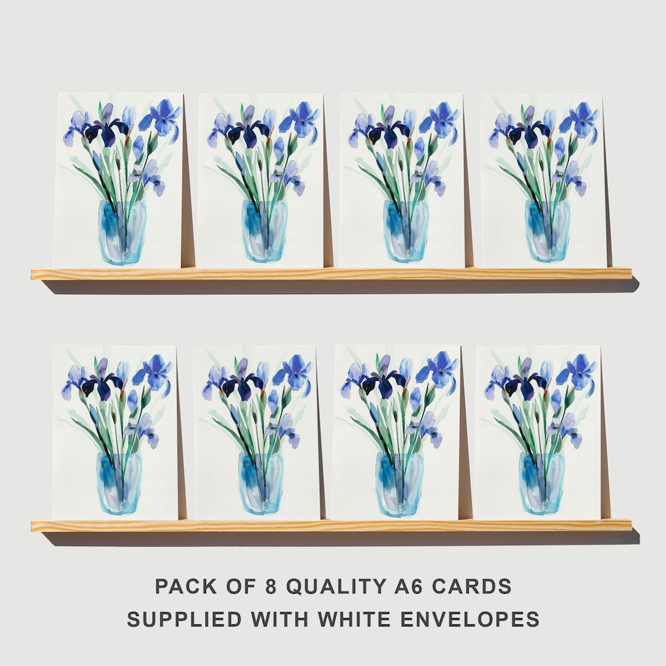 image 1 of Blue Iris Flower Bouquet Vase Floral Watercolour Art Cards Pack of 8