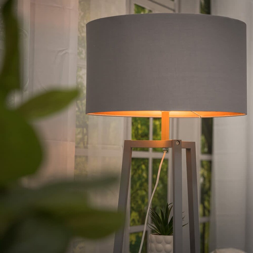 image 1 of ValueLights Grey Wooden 3 Tier Floor Standard Lamp with Storage Shelves- Grey/Copper Shade + LED Bulb | Grey