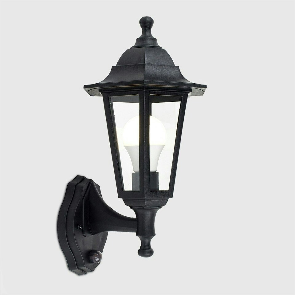 image 1 of ValueLights Black Outdoor Security PIR Motion Sensor IP44 Rated Wall Light Lantern - Complete with 1 x 6w LED ES E27 Bulb Black