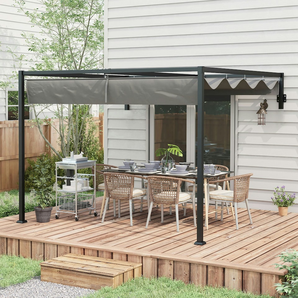 image 1 of Outsunny 2 x 3(m) Wall Mounted Pergola with Retractable Roof, Dark Grey