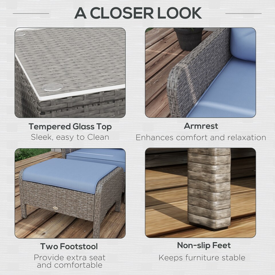 image 1 of Outsunny 5 Pieces PE Rattan Garden Furniture Set with 10cm Thick Padded Cushions, Wicker Weave Outdoor Seating Chairs with 2 Armchairs, 2 Stools, Glass Top Table, Blue