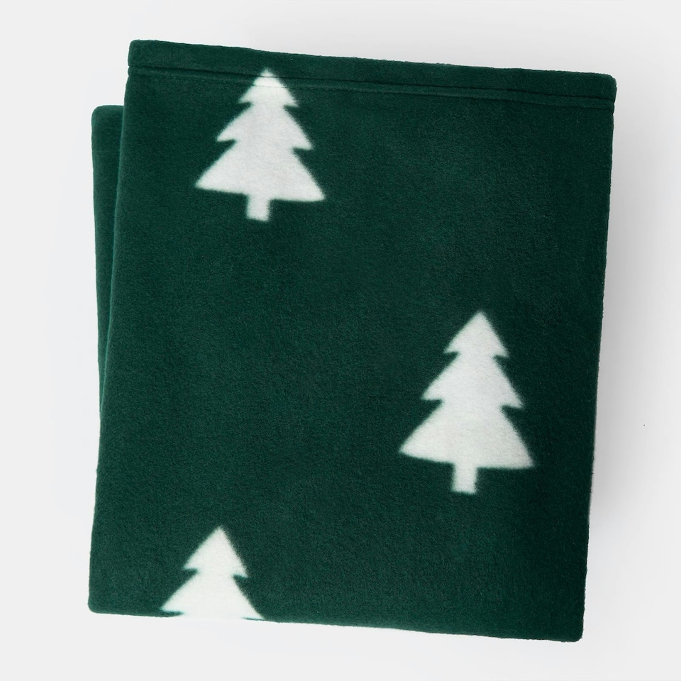 image 1 of OHS Christmas Tree Print Polar Fleece Blanket Throw, 120x150cm - Green