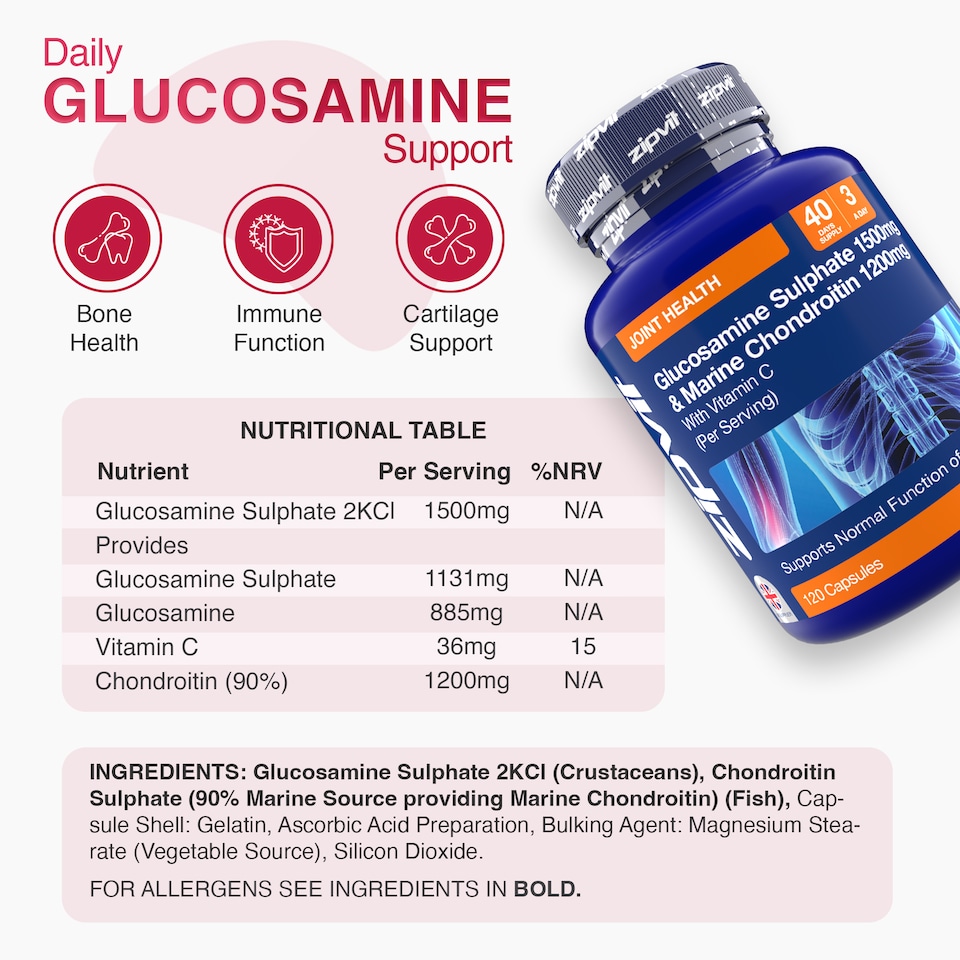 image 1 of Zipvit Glucosamine 1500mg & Marine Chondroitin 1200mg with Vitamin C, Joint & Cartilage Support, 120 Capsules