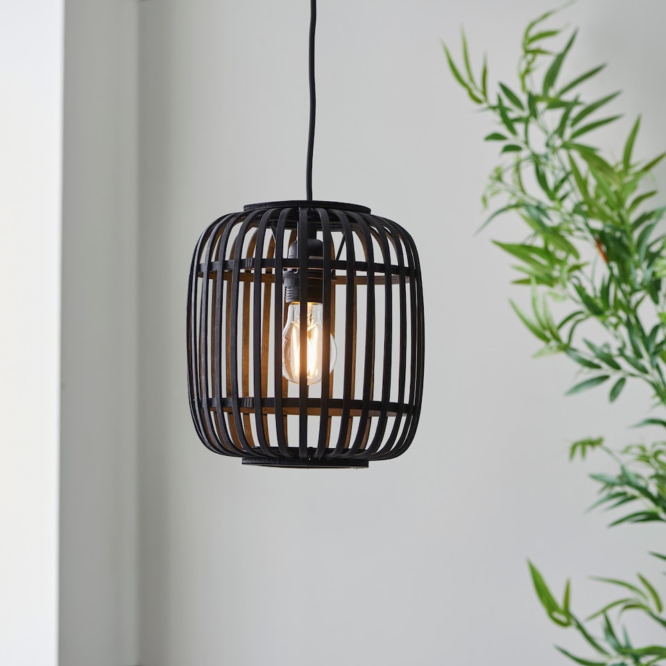 image 1 of Mathias Single Pendant Ceiling Lamp, Dark Bamboo, Plywood With Matt Black Paint
