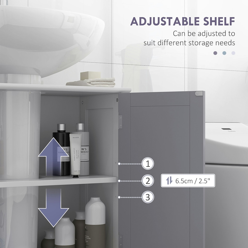 image 1 of kleankin 60x60cm Under-Sink Storage Cabinet w/ Adjustable Shelf Grey White White | White, Grey
