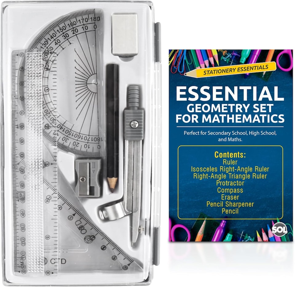 image 1 of 8pc Geometry Set for Secondary School – Complete Maths Kit with Ruler, Protractor, Compass, Pencil & Eraser, Ideal for Students