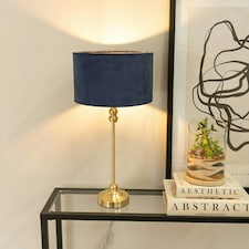 ValueLights Maggie Gold Metal Candlestick Slim Table Lamp with Navy Blue Velvet Drum Lamp Shade Gold