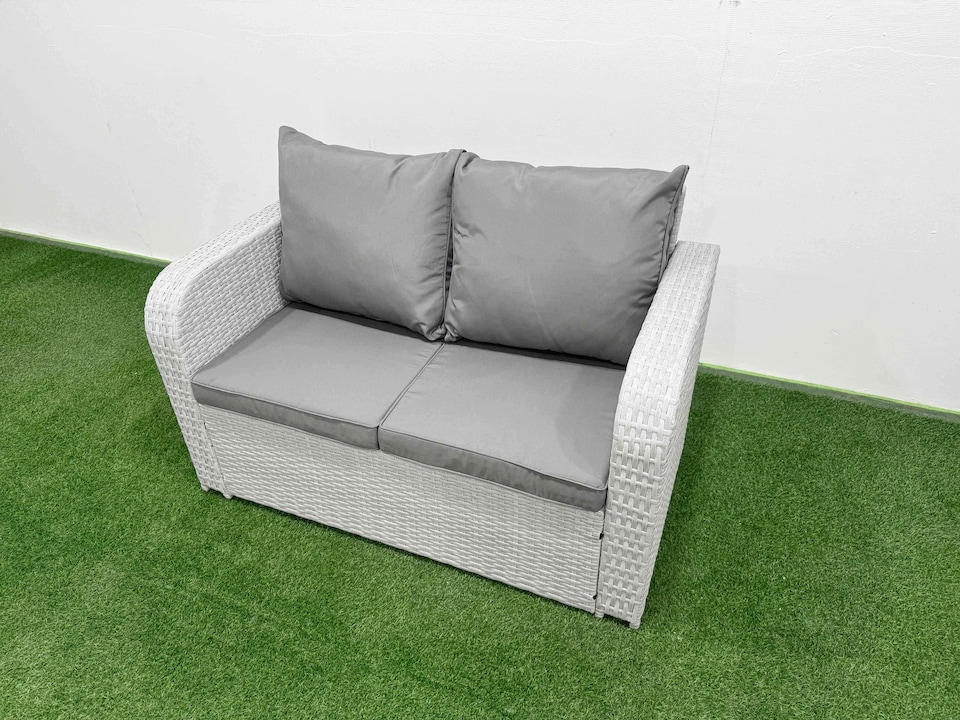 image 1 of Fimous Patio PE Wicker 7 Seater Outdoor Rattan Furniture Sofa Sets with Rectangular Coffee Table Reclining Chair Loveseat Sofa 3 Seater Sofa Big Footstool 2 Side Tables Light Grey