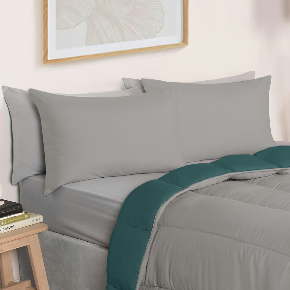 image 1 of OHS Coverless Reversible 10.5 Tog Duvet And Pillowcase Bedding Set, Single - Teal/Grey | Multi | Teal and Grey | Single