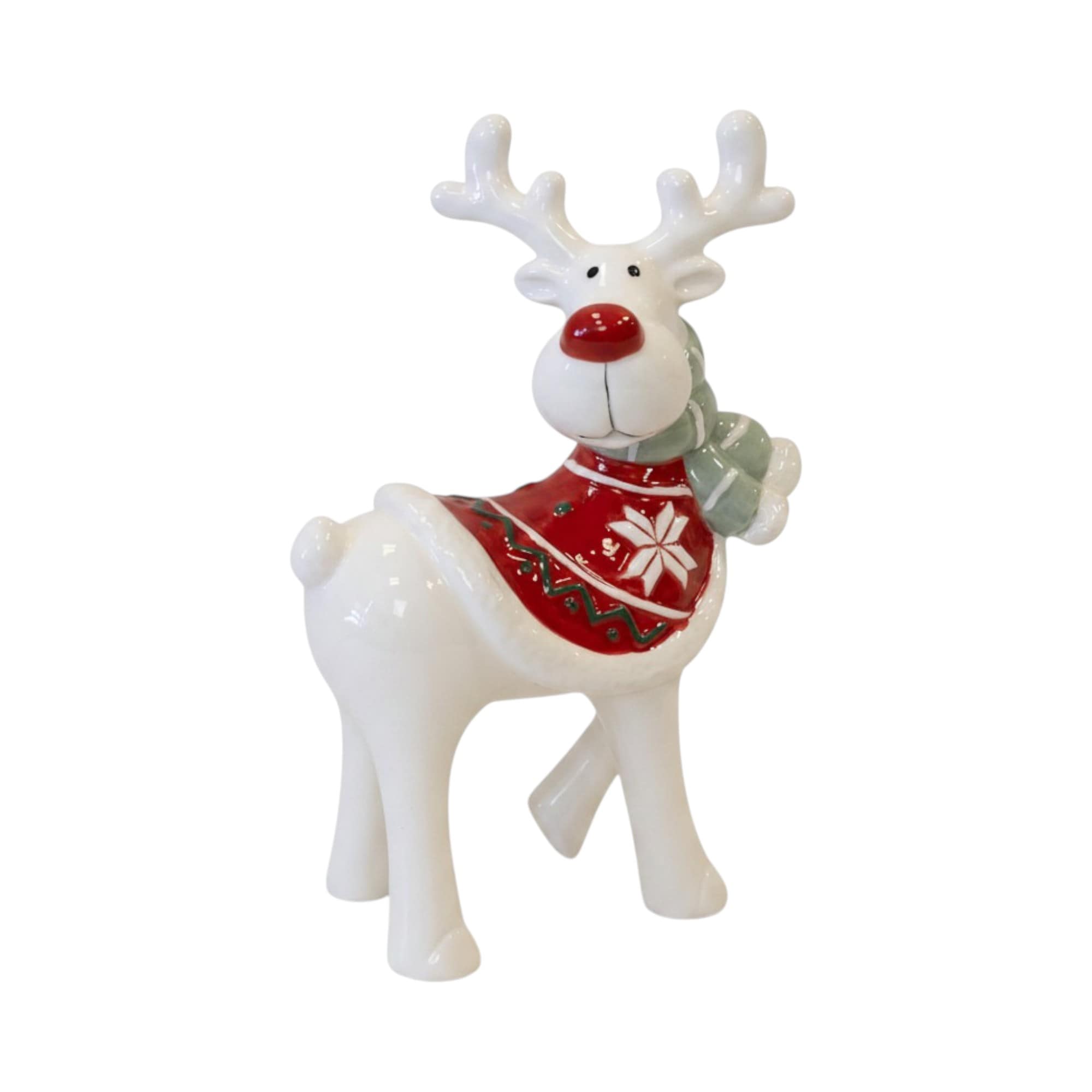 Four Candle Medium Ceramic Reindeer Christmas Sweater Scarf Ornament in White