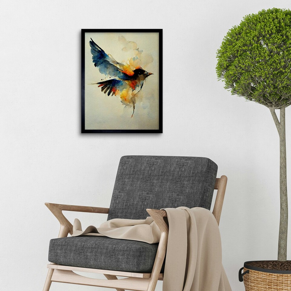 image 1 of Watercolour Paint Of Colourful Flying Bird 12x16" Framed Wall Art Print